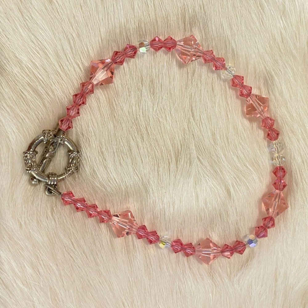 Fairy Pink Clear Glass Bead Bracelet Silver Tone Coquette Whimsy Boho 6646 - Picture 8 of 9